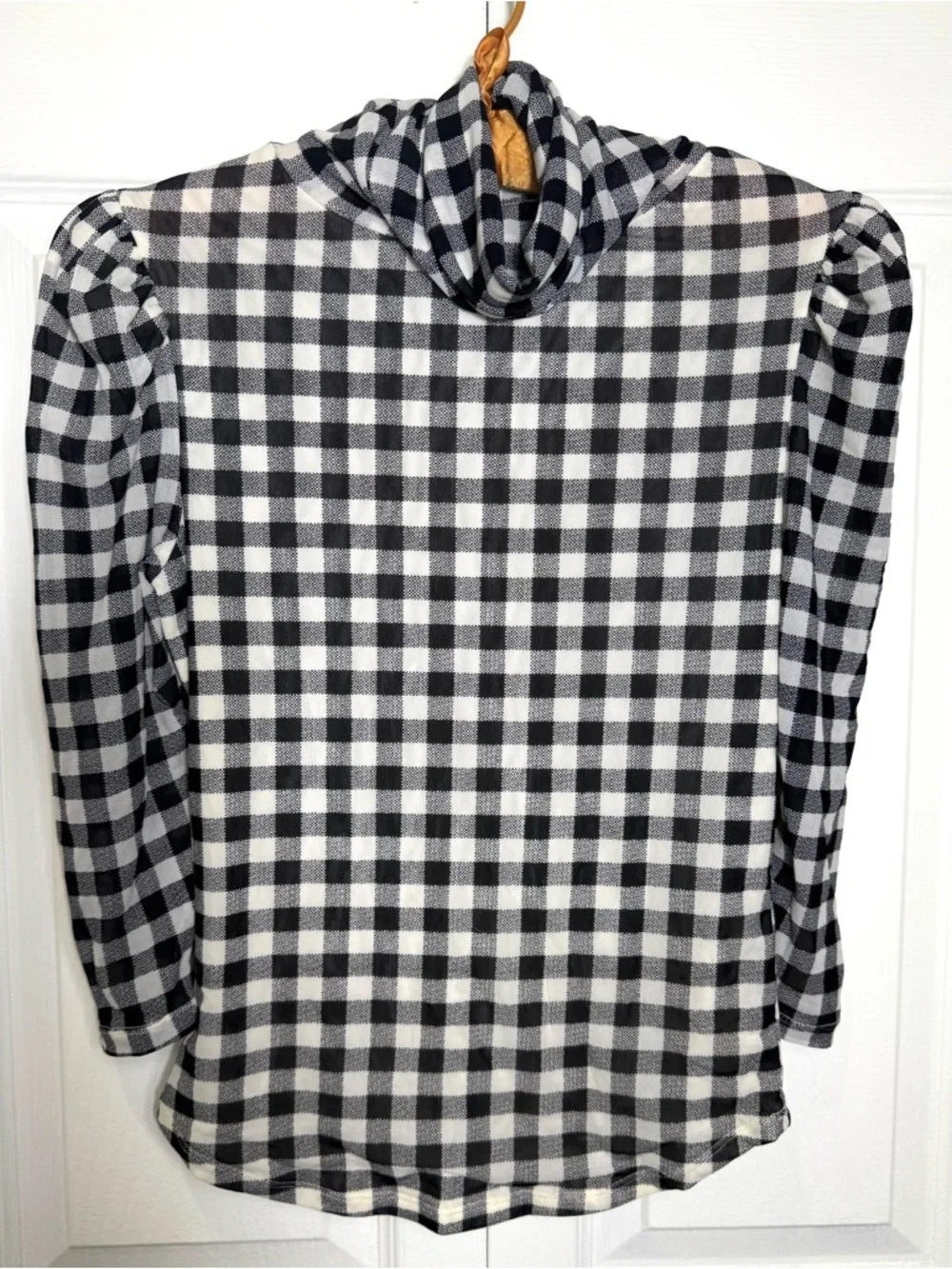 Free People Gather Gingham Puff Sleeve Top Black White XS Sheer Lined